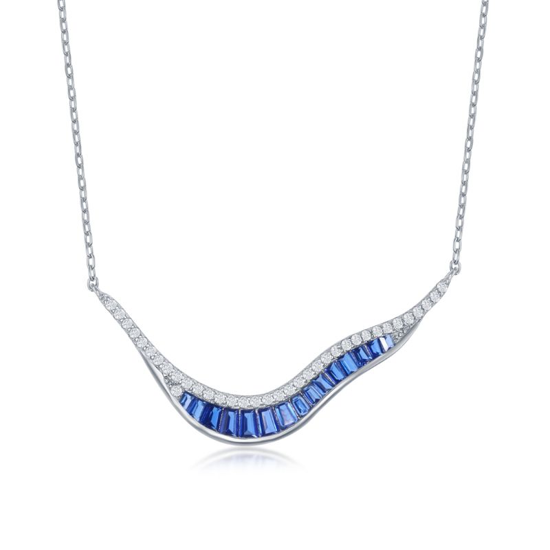 Sterling Silver Baguette Sapphire CZ Swoosh Necklace - Click Image to Close